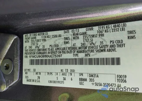 2013 Ford Escape Se из США, поврежденный, VIN 1FMCU9G95DUC75397